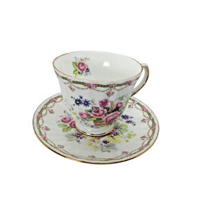 Duchess Fine Bone China England Teacup & Saucer Pink Roses Floral Gold Trim